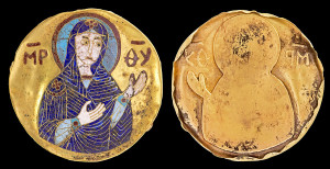 Byzantine (or Kievan Rus) cloisonn? enamel plaque medallion of the Mother of God, XII century. Gold. Antique.  The medallions may have been sent as a gift from the Byzantine court to the neighboring Christian Kievan Rus. In this Byzantine technique, compartments, or cells, were outlined by thin sheets of gold or silver, filled with colored glass paste, and then fired at a high temperature, with the melting glass forming a solid surface. Diam. 34 mm.